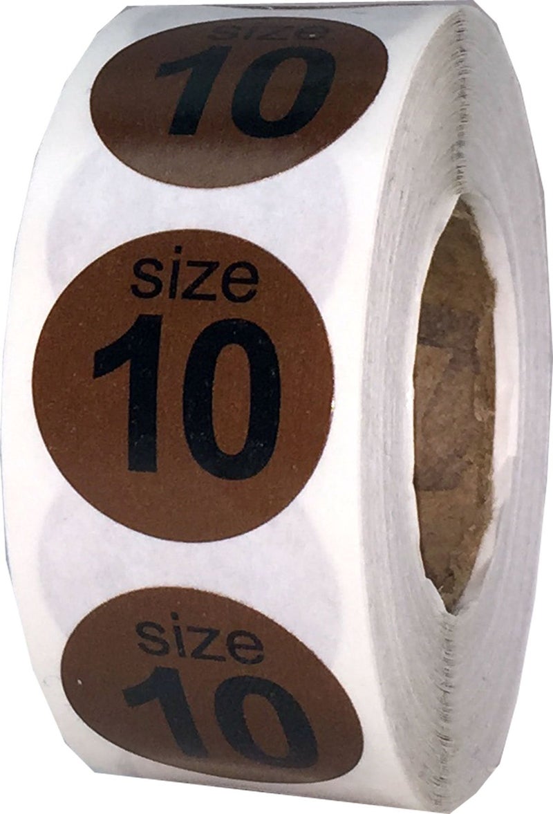 Shoe Size 10 Brown Stickers for Retail Clothing â€“ 3/4 Inch Round, 500 Semi-Gloss Adhesive Labels Per Roll for Footwear Inventory, Organization, and Display â€“ Made in The USA